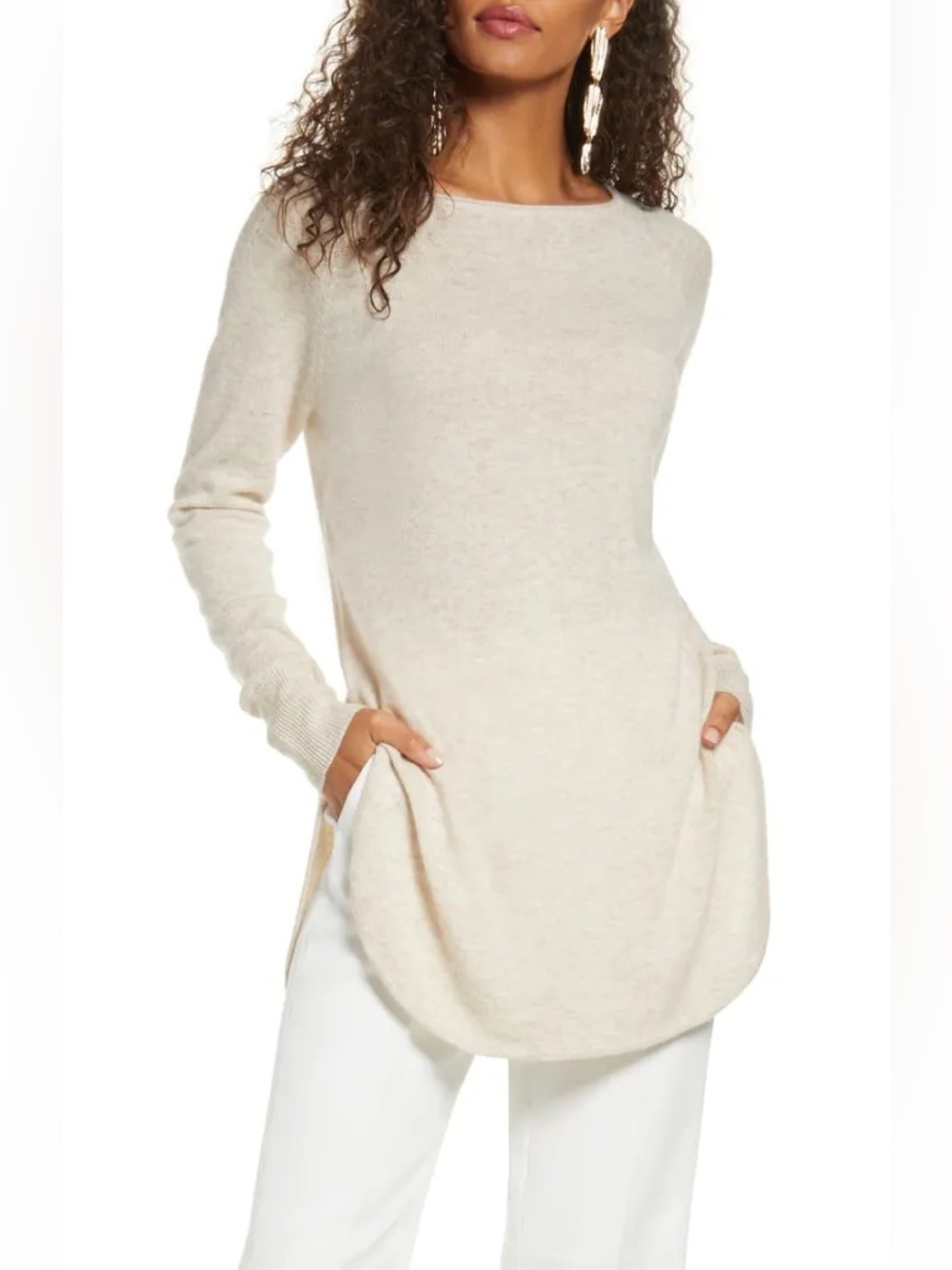 Halogen Cashmere Blend Rolled Neck Tunic Sweater in Oatmeal Size XS